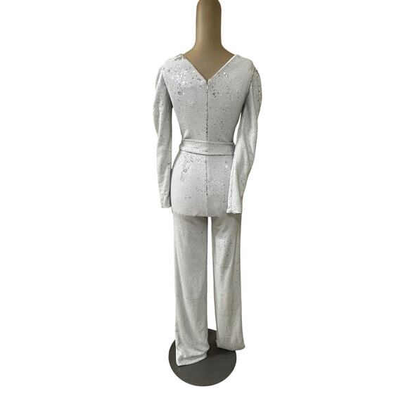 Dress the Population Jumpsuit White & Silver Sequin Long Sleeve - Picture 10 of 12